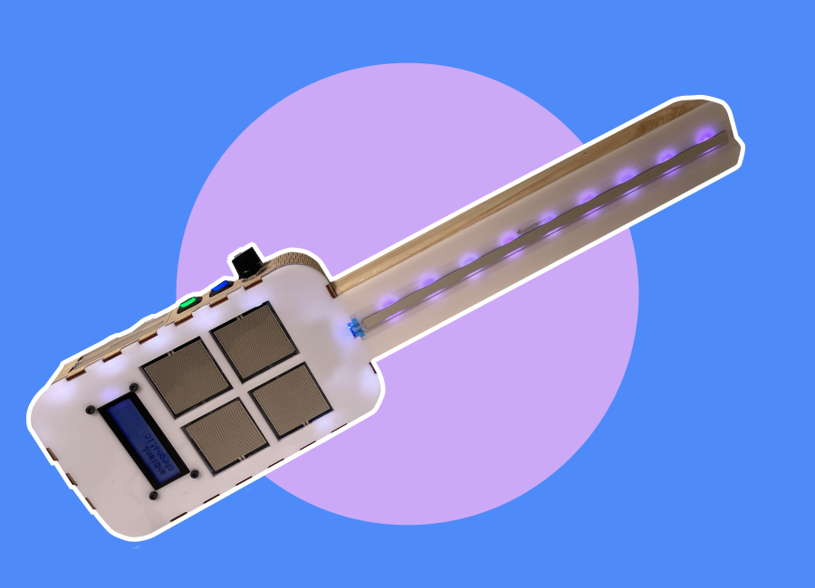 Electronic musical instrument (The Sledgehammer Kablammer) in guitar-style position with colored background.