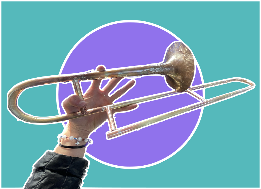 homemade brass soprano trombone with colored background