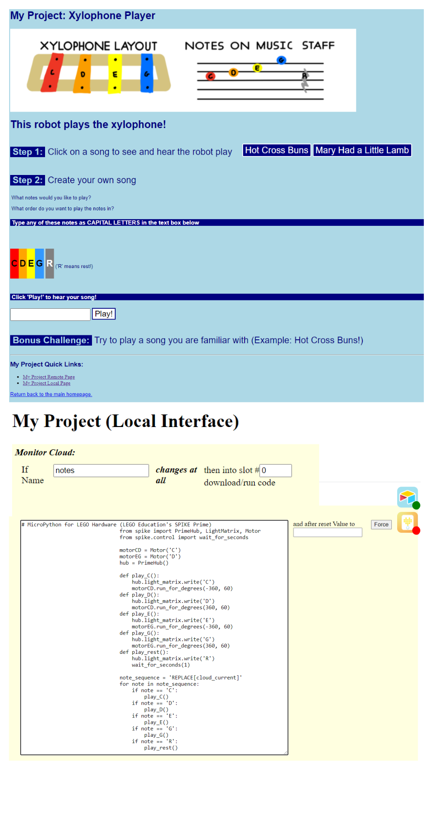 Image of local and remote interfaces for The Xylophone Player